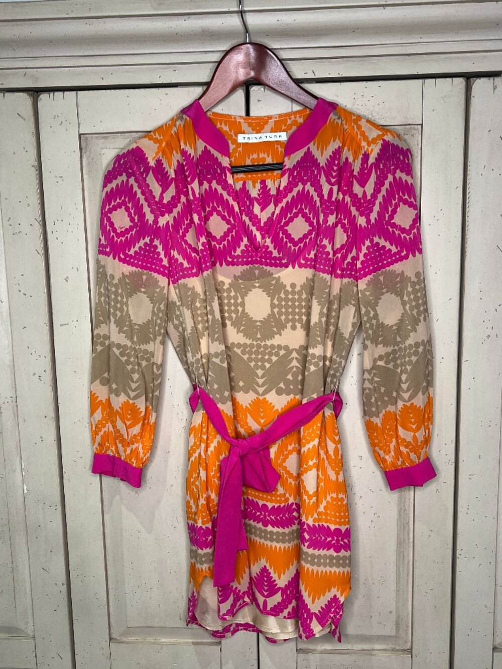 Trina Turk Geometric Print Tunic Dress Belted with Slip Pink Orange Size XS